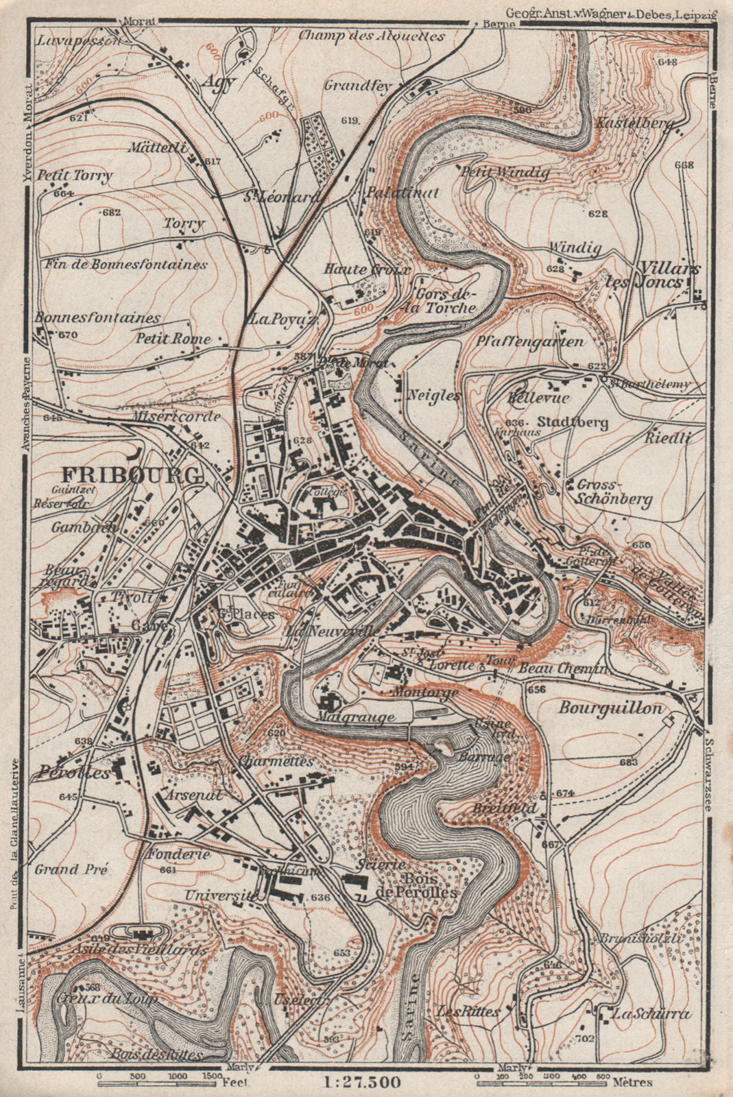 FRIBOURG / FREIBURG ENVIRONS. Switzerland Suisse Schweiz carte karte 1928 map